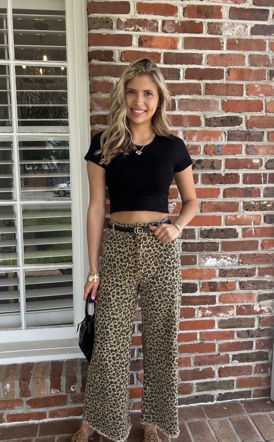 Leopard Mid Rise Frayed Wide Leg Pants