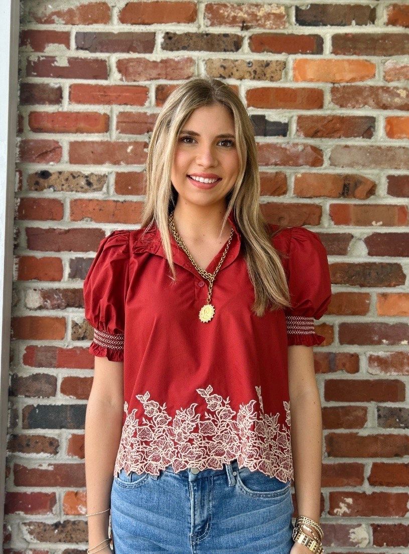 On My Way High Neck Brick Flower Embroidered Top