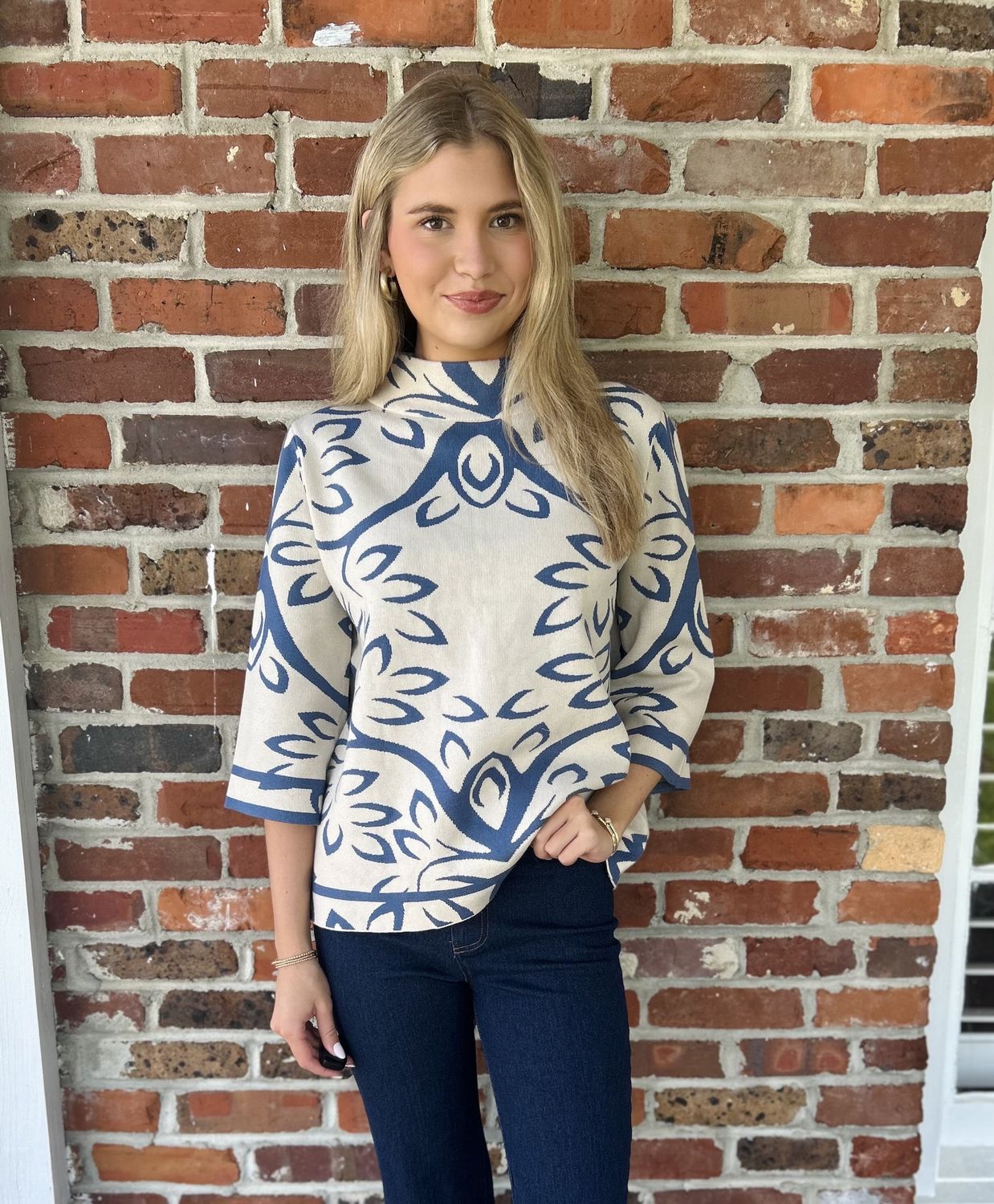 Love And Life Mock Neck Sweater/ Blue &amp; Cream