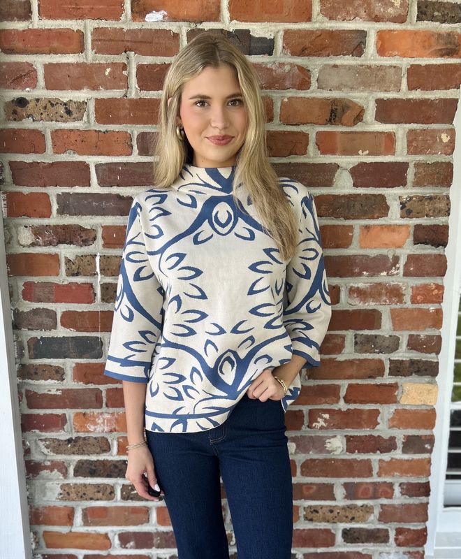Love And Life Mock Neck Sweater/ Blue &amp; Cream