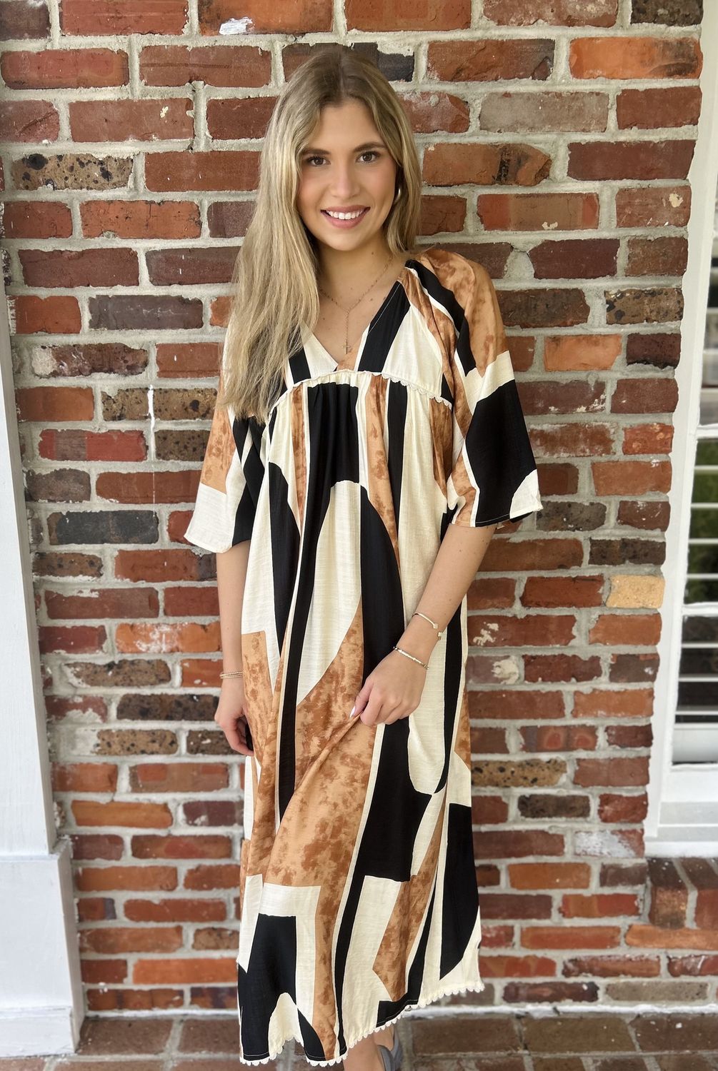 Take Me Back Black/Taupe Abstract Print Midi Dress