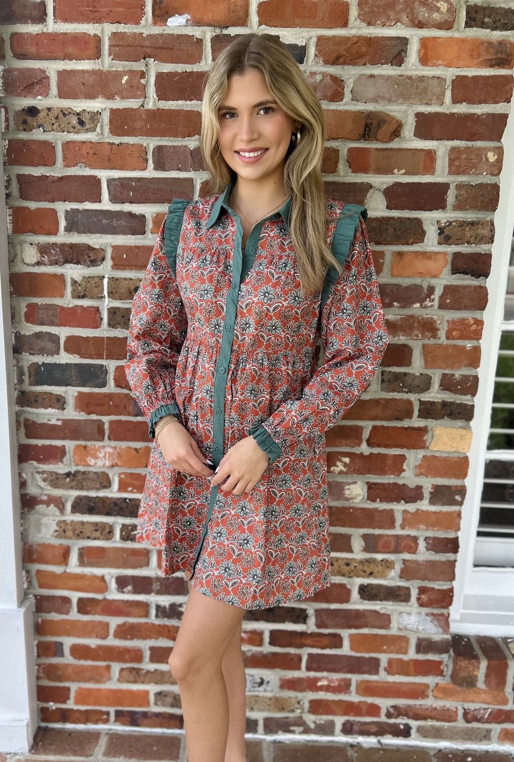 Lets Go For It Rust/Green Floral Dress