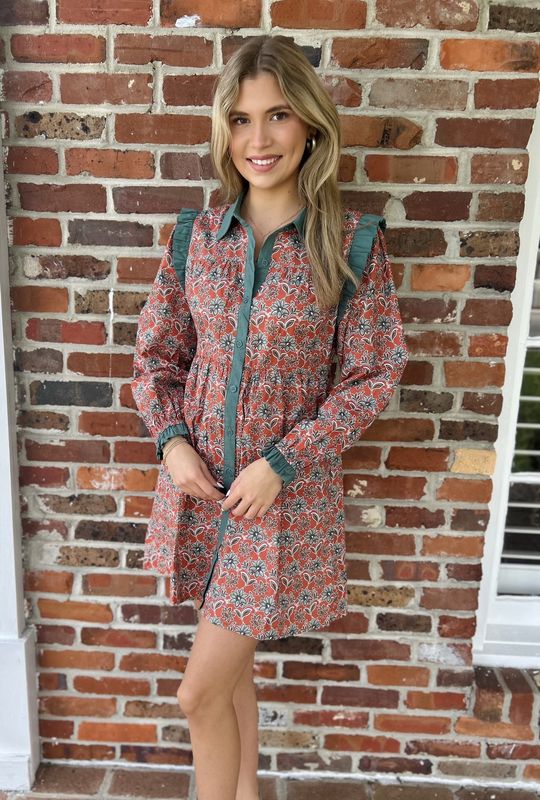 Lets Go For It Rust/Green Floral Dress
