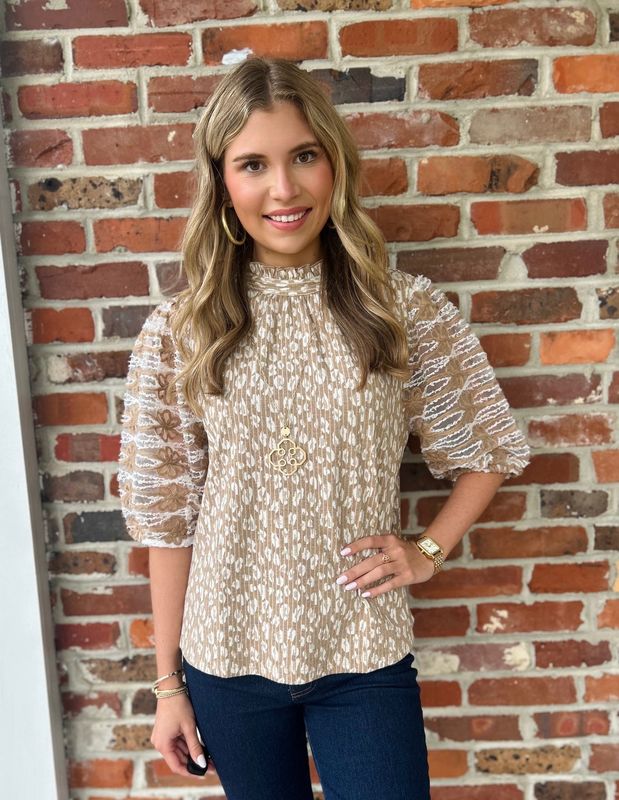 As Of Right Now Lace Puff Sleeve Animal Print Top