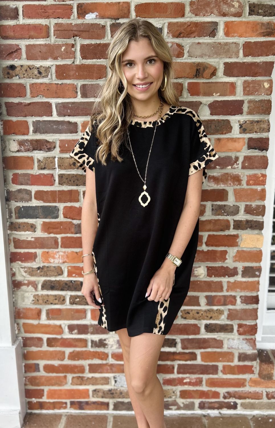 In Good Company Black Dress With Leopard Print Detail