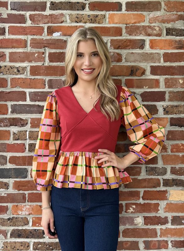 Her Own Thing, Plaid Mixed 3/4 Sleeve Top