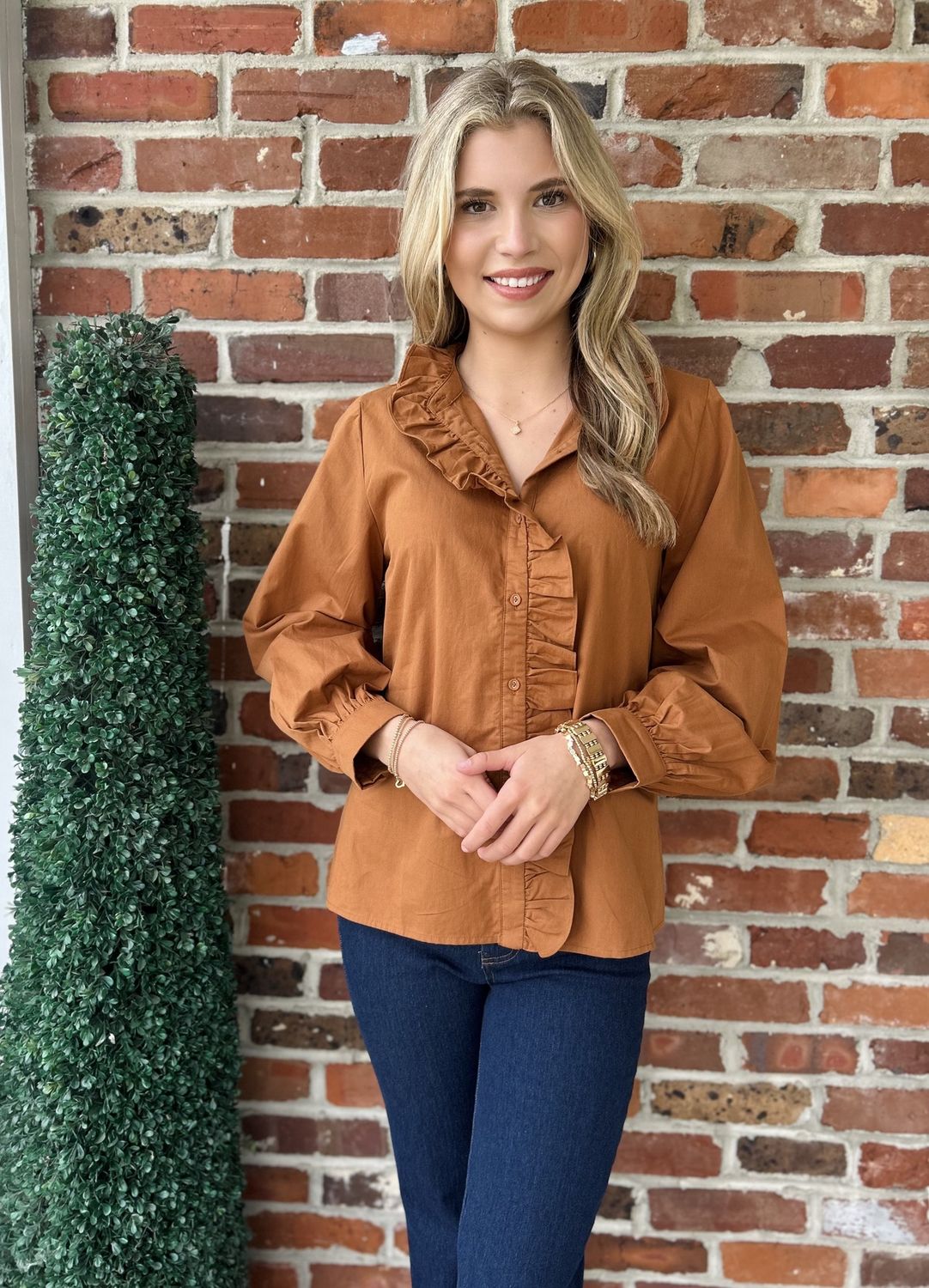 Say The Word Camel Buttoned Blouse