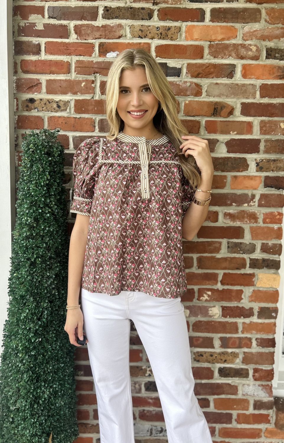 Back In Bloom Brown With Striped Neckline And Sleeve Top