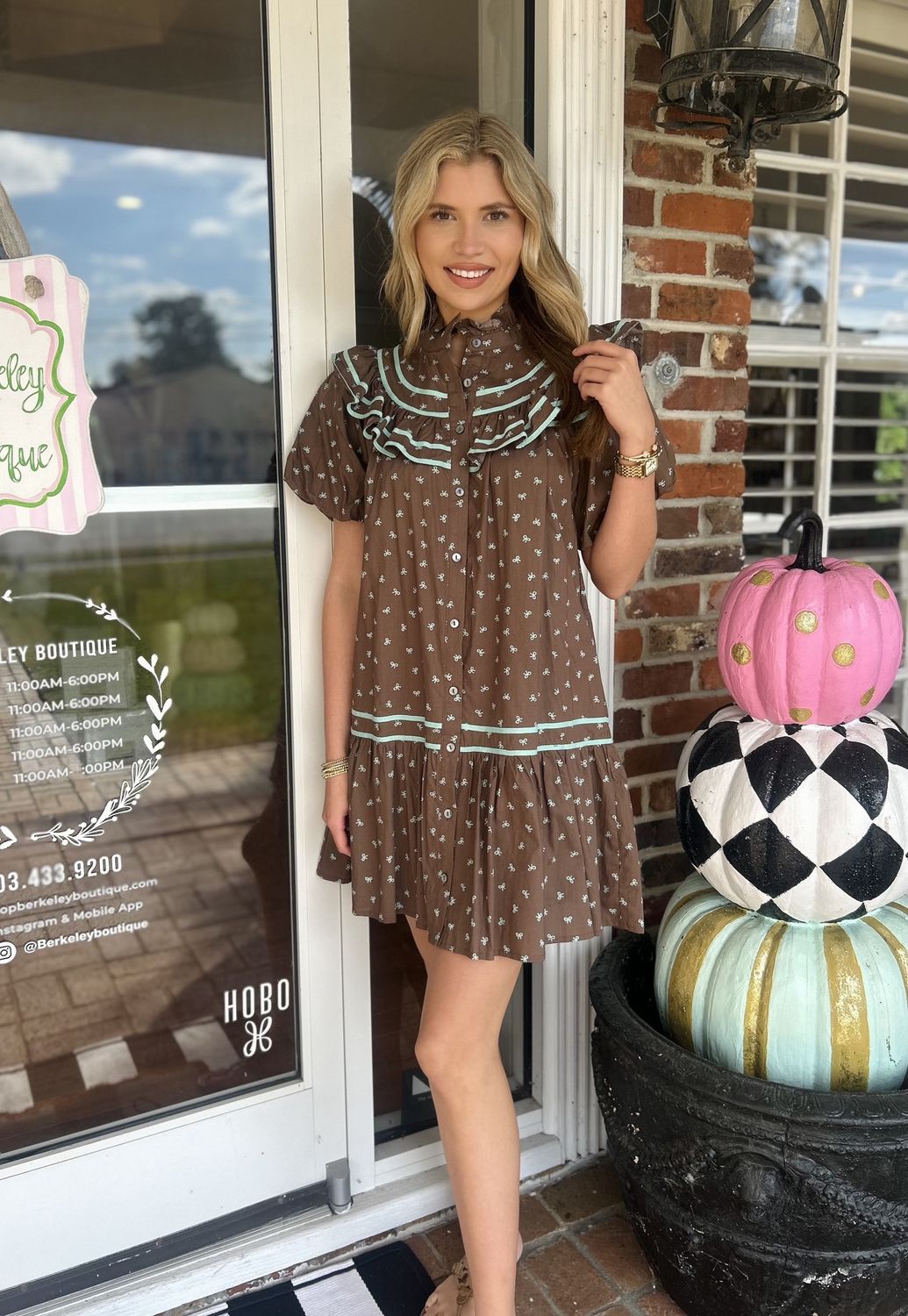 Brown Dress With Teal Ribbons
