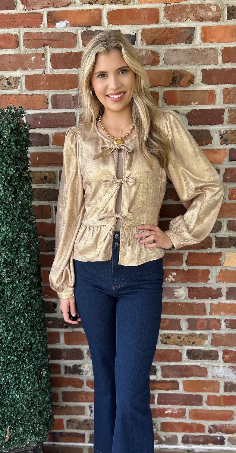 Metallic Gold Tie Front Blouse
