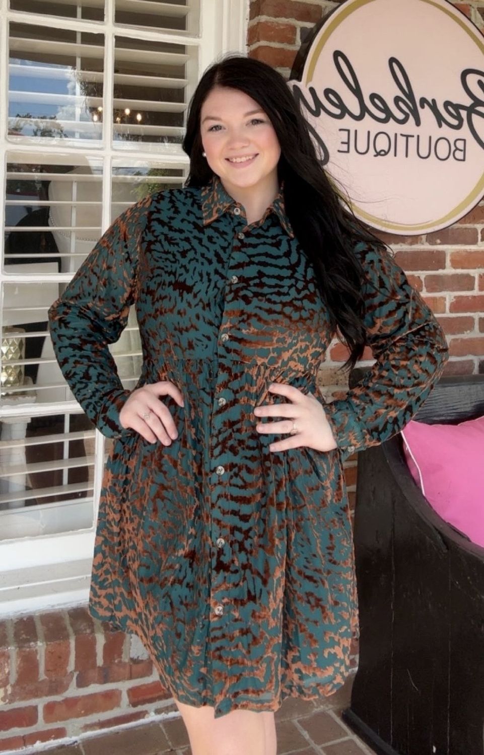 Loved By You Buttoned Down Teal And Brown Velvet Printed Dress