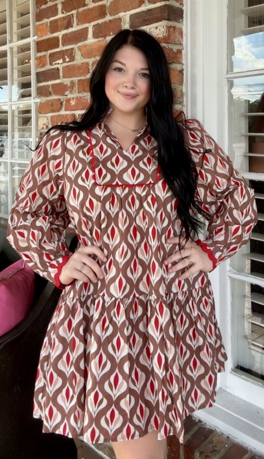 Best All Around Patterned Dress With Red RickRack Detail