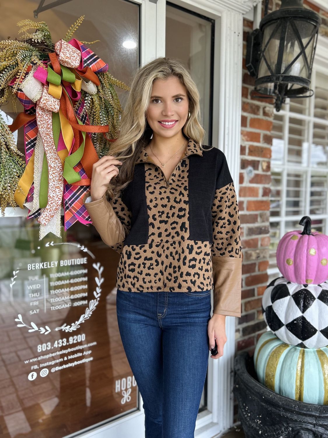 Feel Free Half Zipper, Faux Leather Sleeve Top