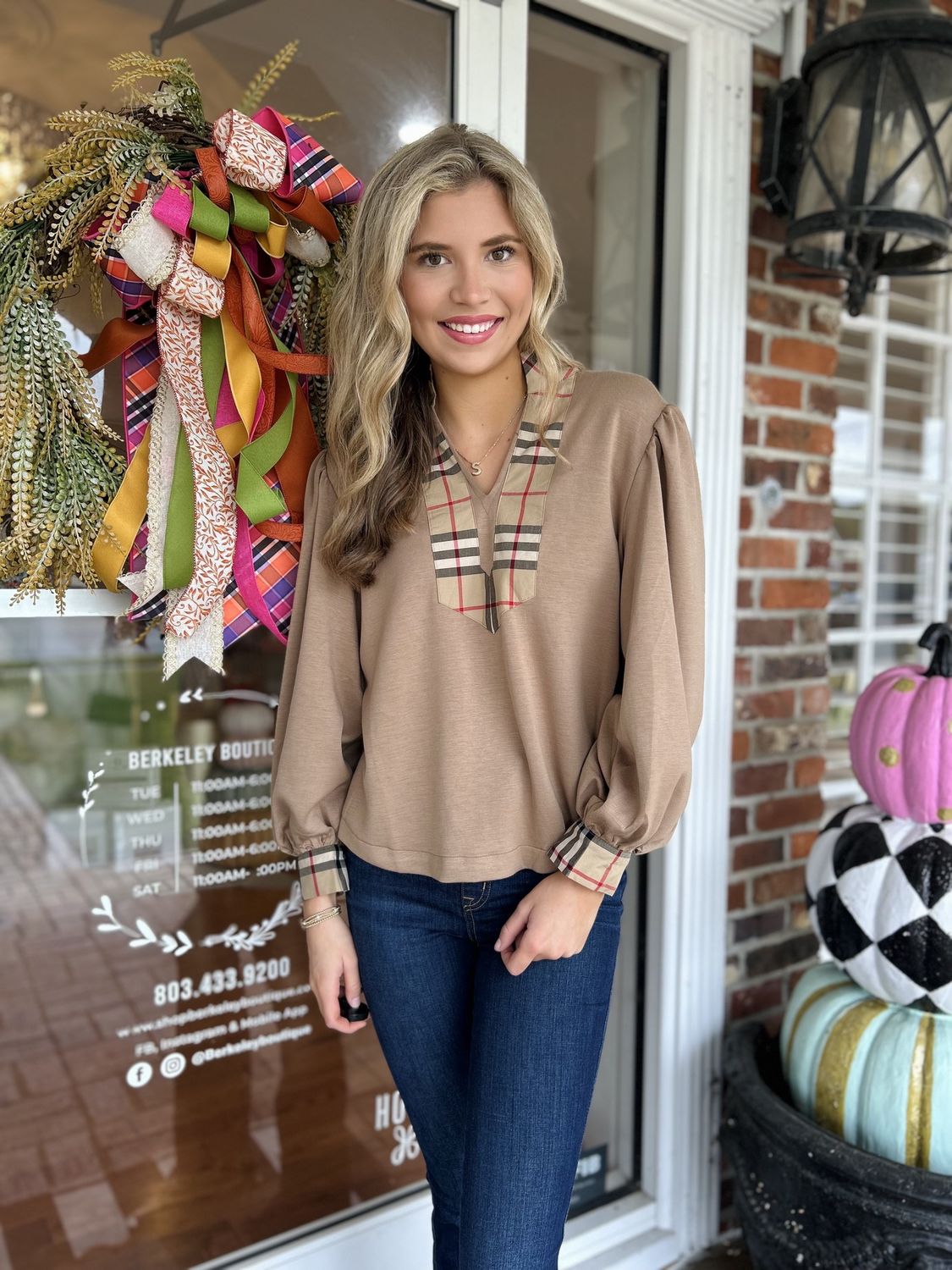 You know her Well, Taupe Plaid Top