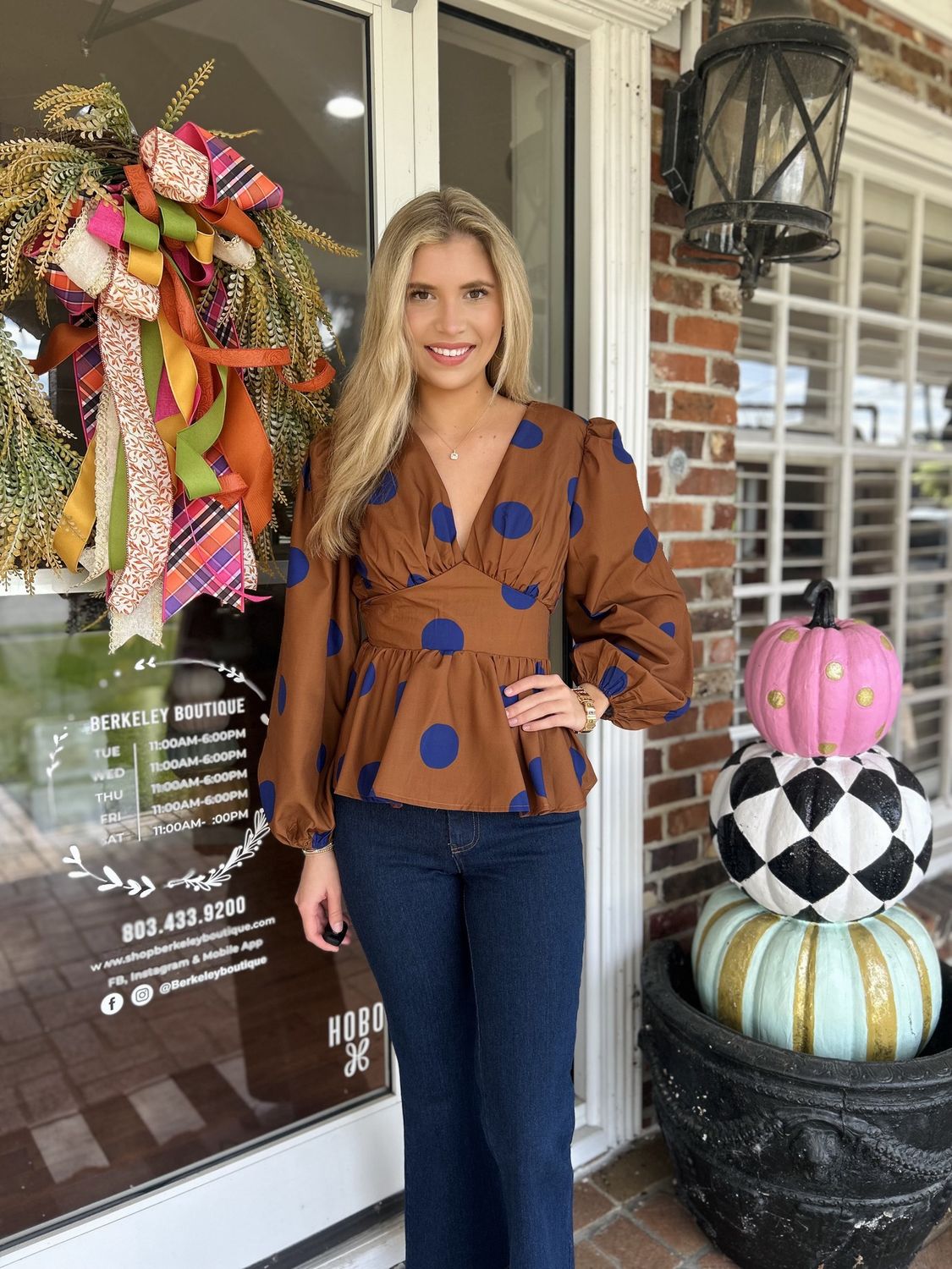 Seeing Spots Brown Top With Blue Polka Dots
