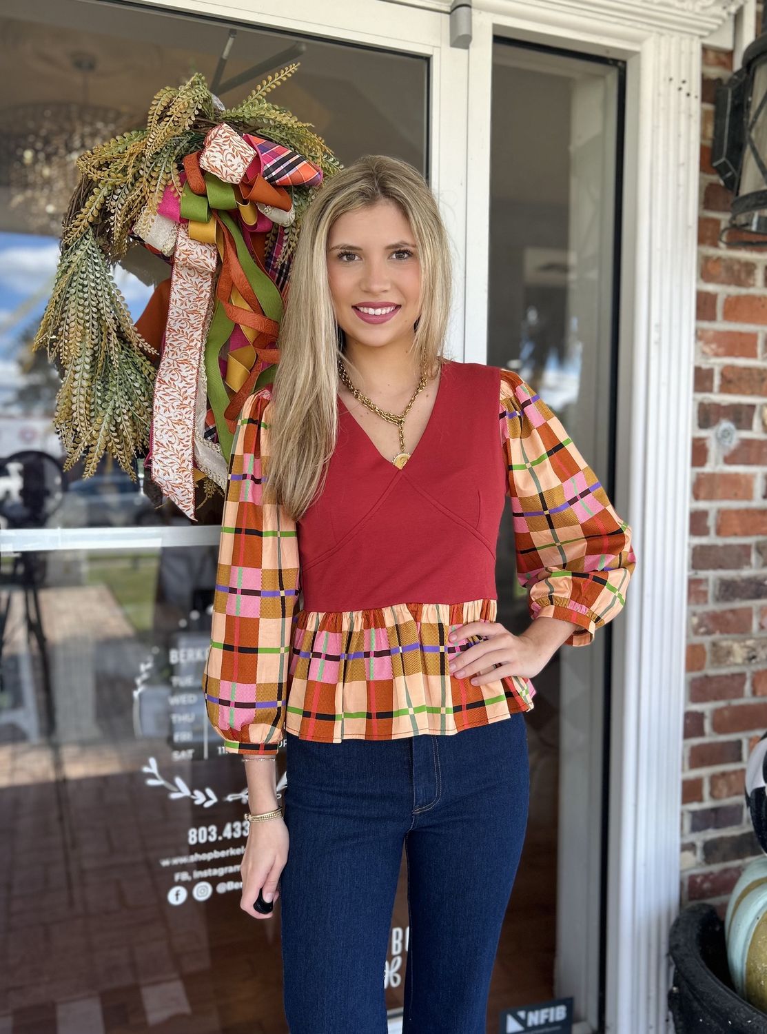 Her Own Thing, Plaid Mixed 3/4 Sleeve Top