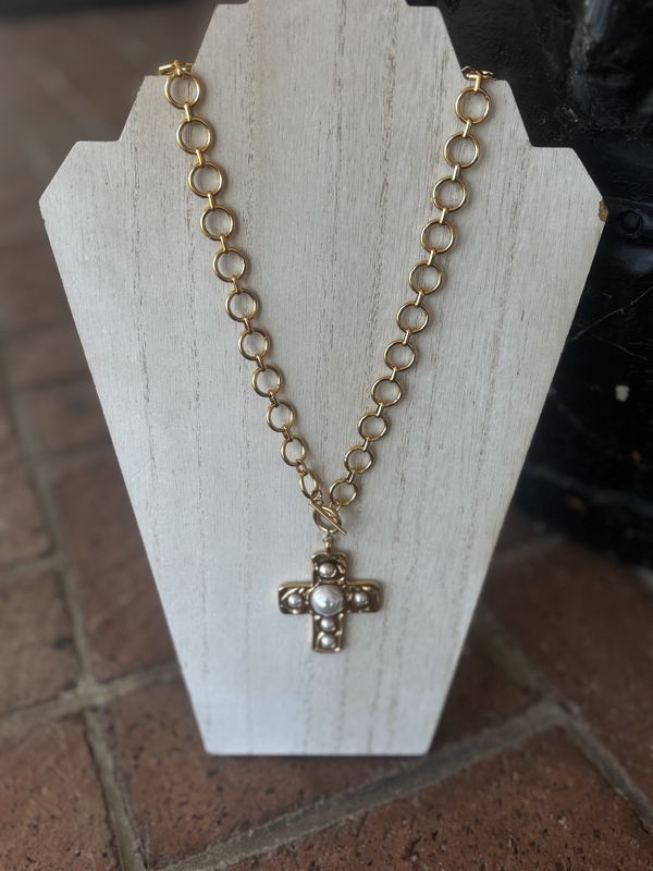 Water Resistant Pearl Cross Necklace