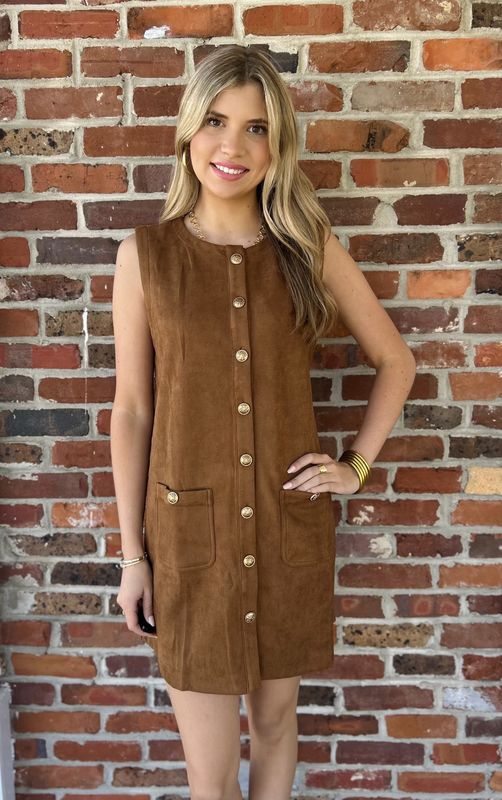 Feeling Like Royalty Brown Buttoned Down Suede Dress