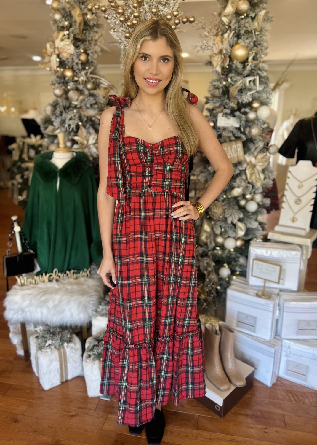Showing Off Christmas Plaid Midi Dress With Ribbon Straps