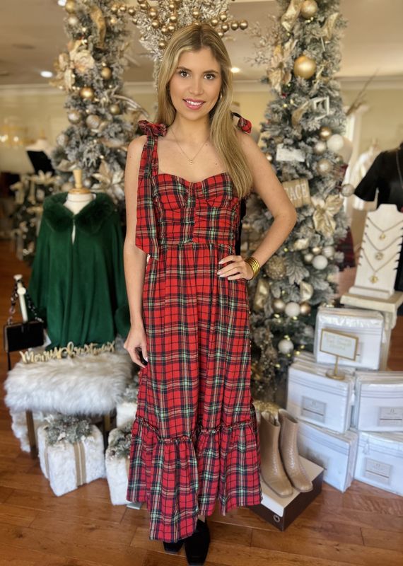 Showing Off Christmas Plaid Midi Dress With Ribbon Straps