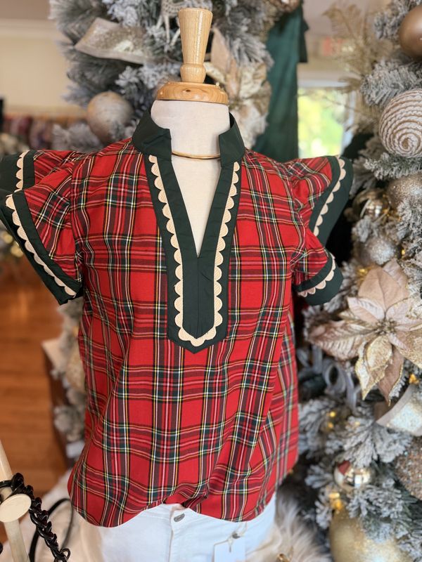 Through the Seaons,Plaid pattern scallop trim top