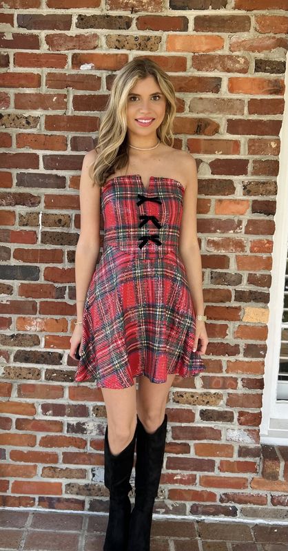 Over The Top Christmas Plaid Sequined Strapless Dress