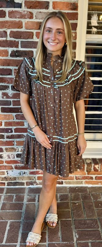 Brown Dress With Teal Ribbons