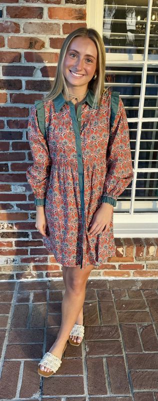 Lets Go For It Rust/Green Floral Dress