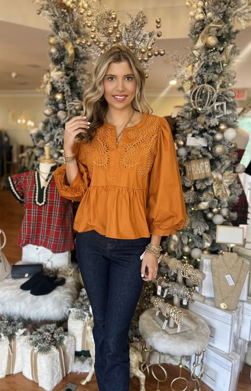 Wish You Well Eyelet Patterned Caramel Top