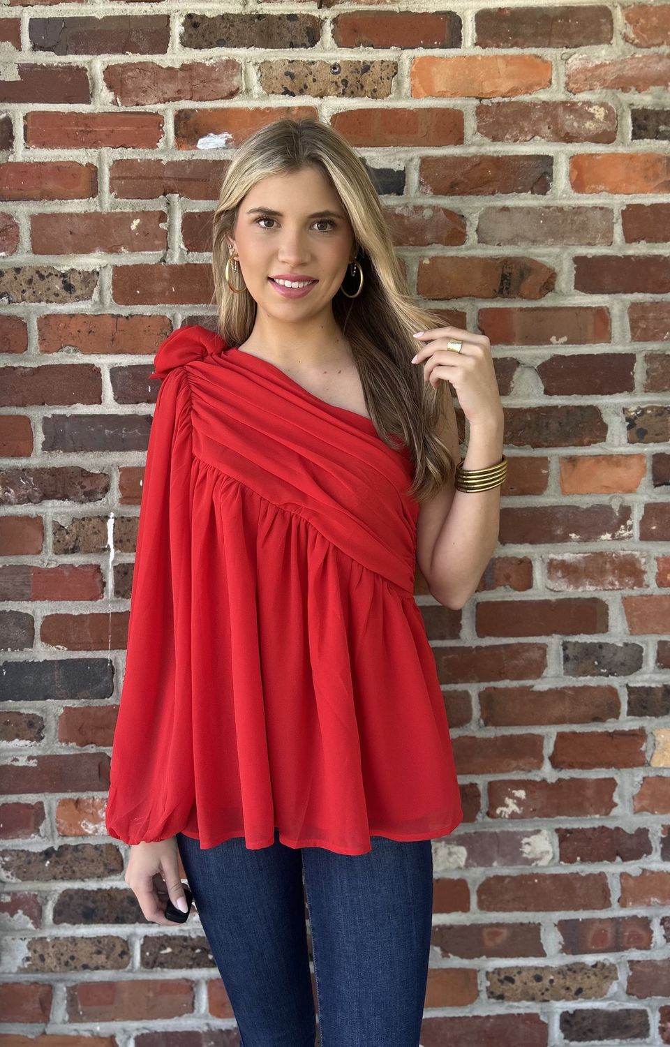 Can't Help But Love Red Shoulder Rose Bud Blouse