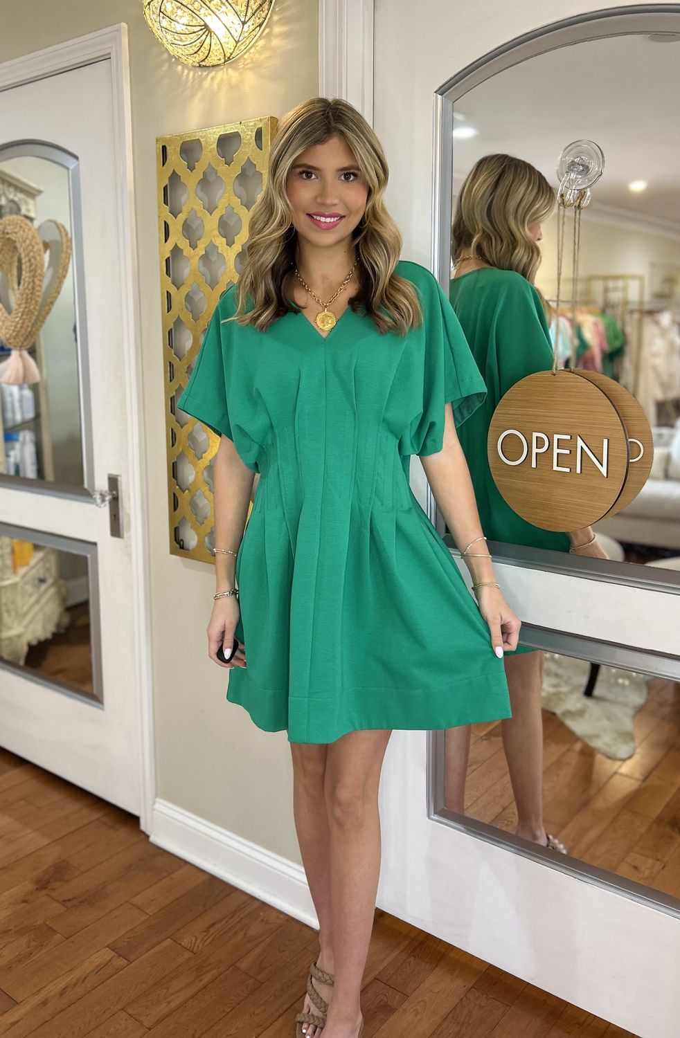 When it Feels Right, Emerald dolman sleeve mini dress