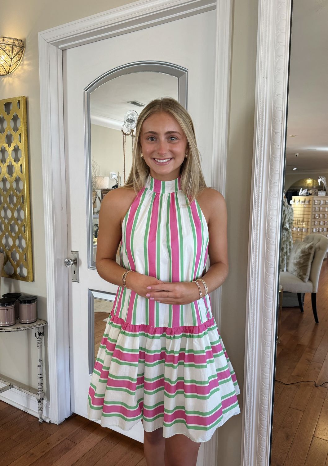 Keeping It Simple Pink and Green Striped Halter Dress