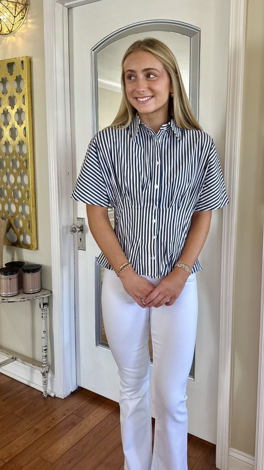 Thoughtfully Yours, Navy Peplum Button Up