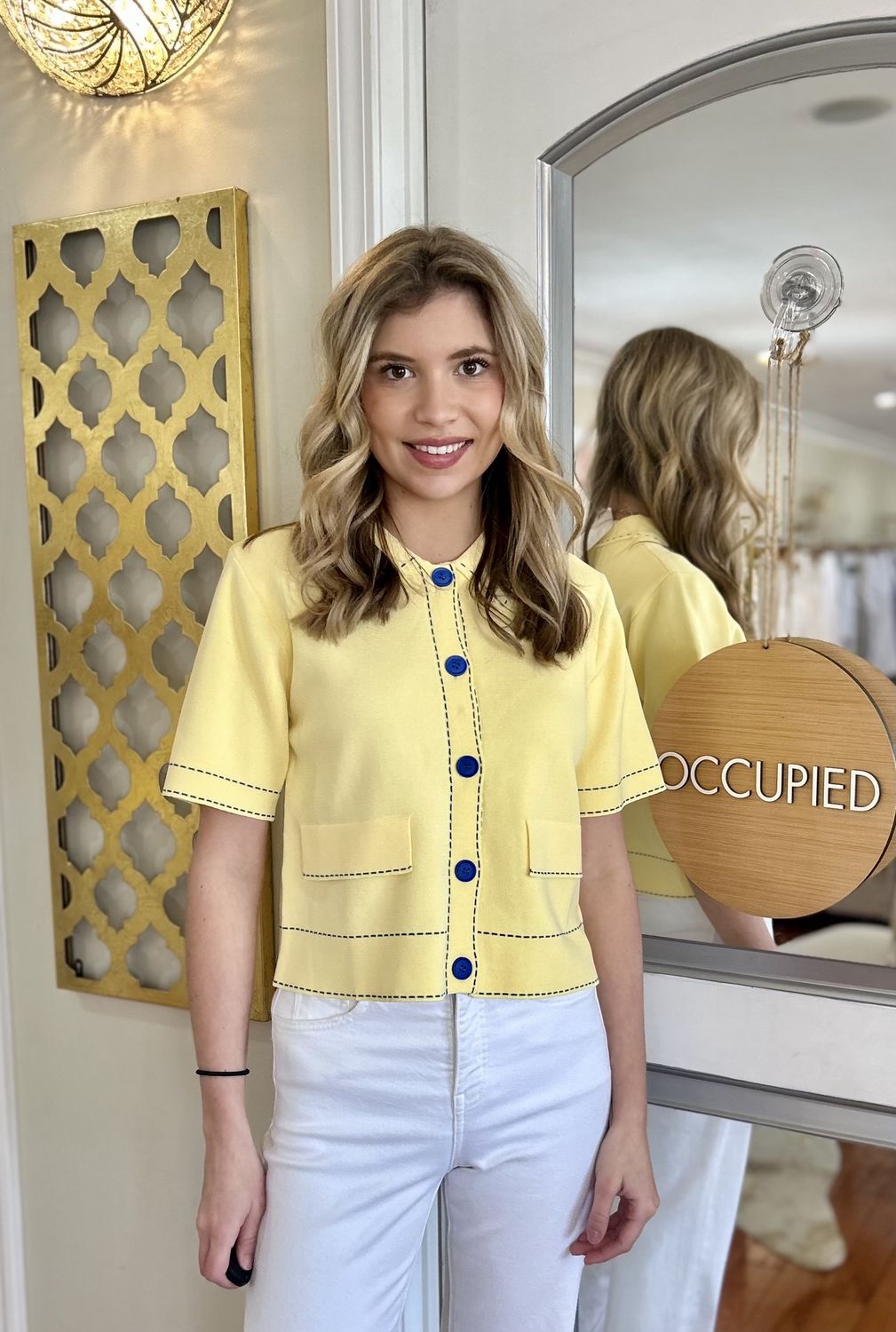 Sweet As Honey Yellow/Blue Stitched Sweater Top