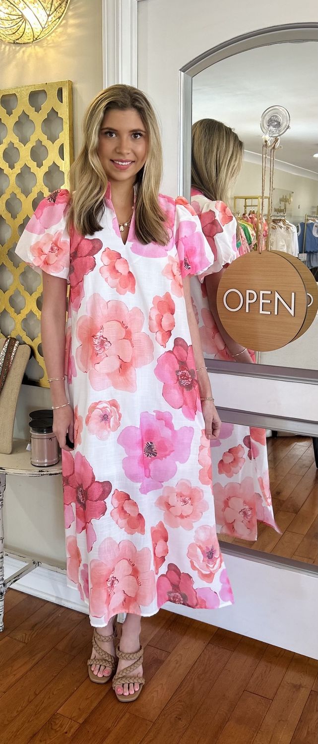 Everyday I Pick You Orange/Pink Floral Midi Dress