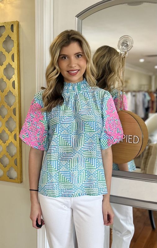 It's All For You Smocked Neck Embroidered Bubble Sleeve Top