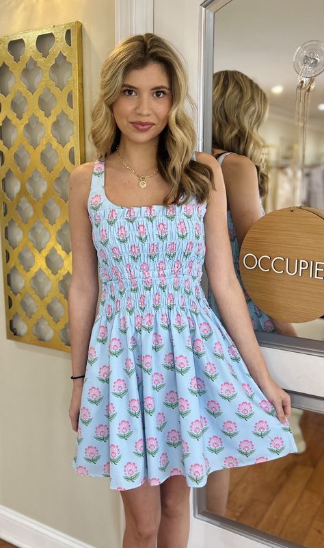 Blue Is My Color Floral Smocked Bodice Mini Dress