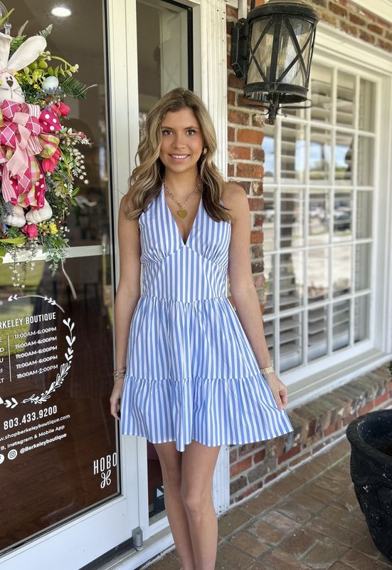 Take Me To The Sea Blue Striped Halter Dress