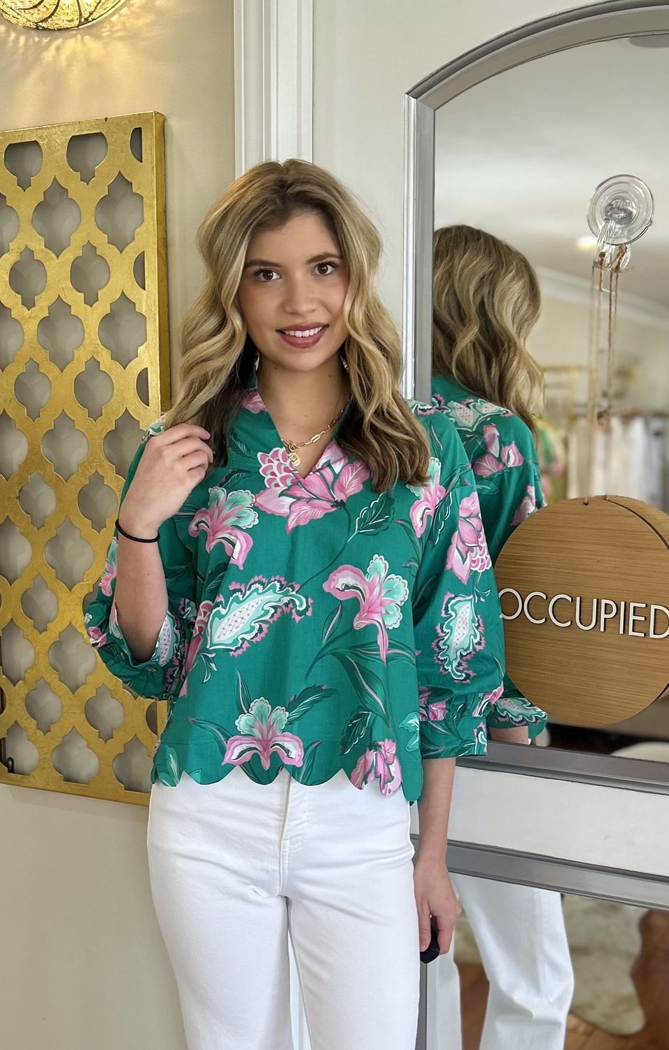 Now You Know Green Floral Print Top With Scalloped Hem