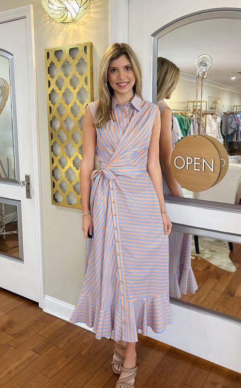 No One Better Orange/Blue Striped Wrap Dress