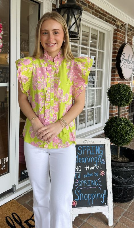 All Eyes On Me Lime/Pink Floral Eyelet Top