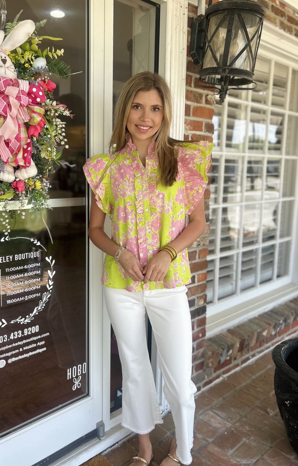 All Eyes On Me Lime/Pink Floral Eyelet Top