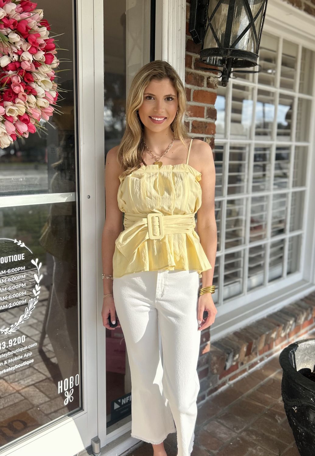 Think About This Pale Banana Pleated Top With Buckle