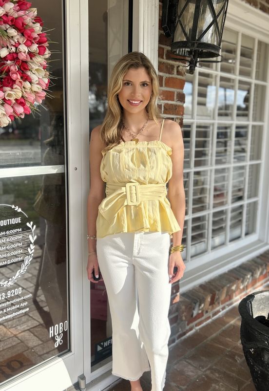 Think About This Pale Banana Pleated Top With Buckle