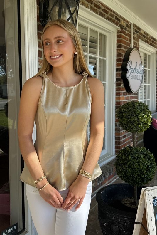 Immediate Attention, Satin Gold Peplum Top