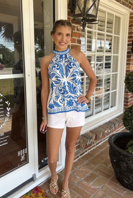 Over The Top White And Blue Floral Halter Top