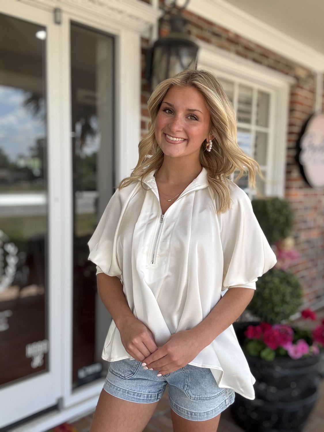 Elegance with Sass, Mock Neck Band Blouse