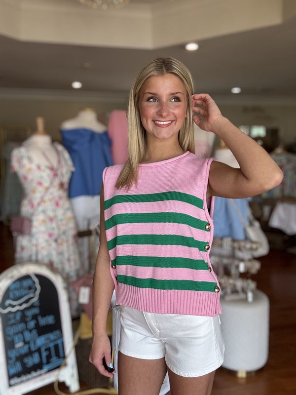 Class Status Pink and Green Striped Sweater With Gold Buttons