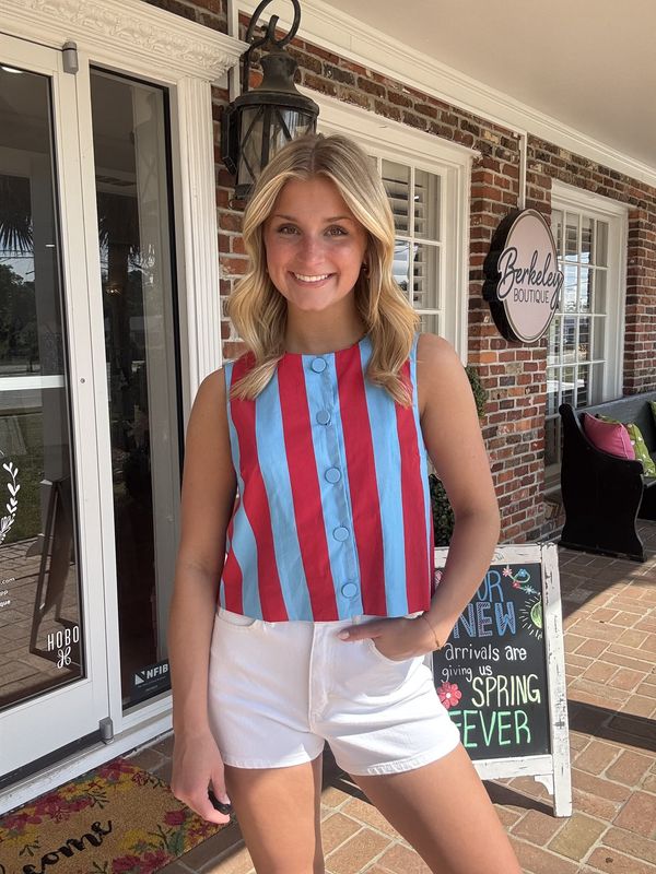 Wouldn't Miss It Blue/Red Button Down Top