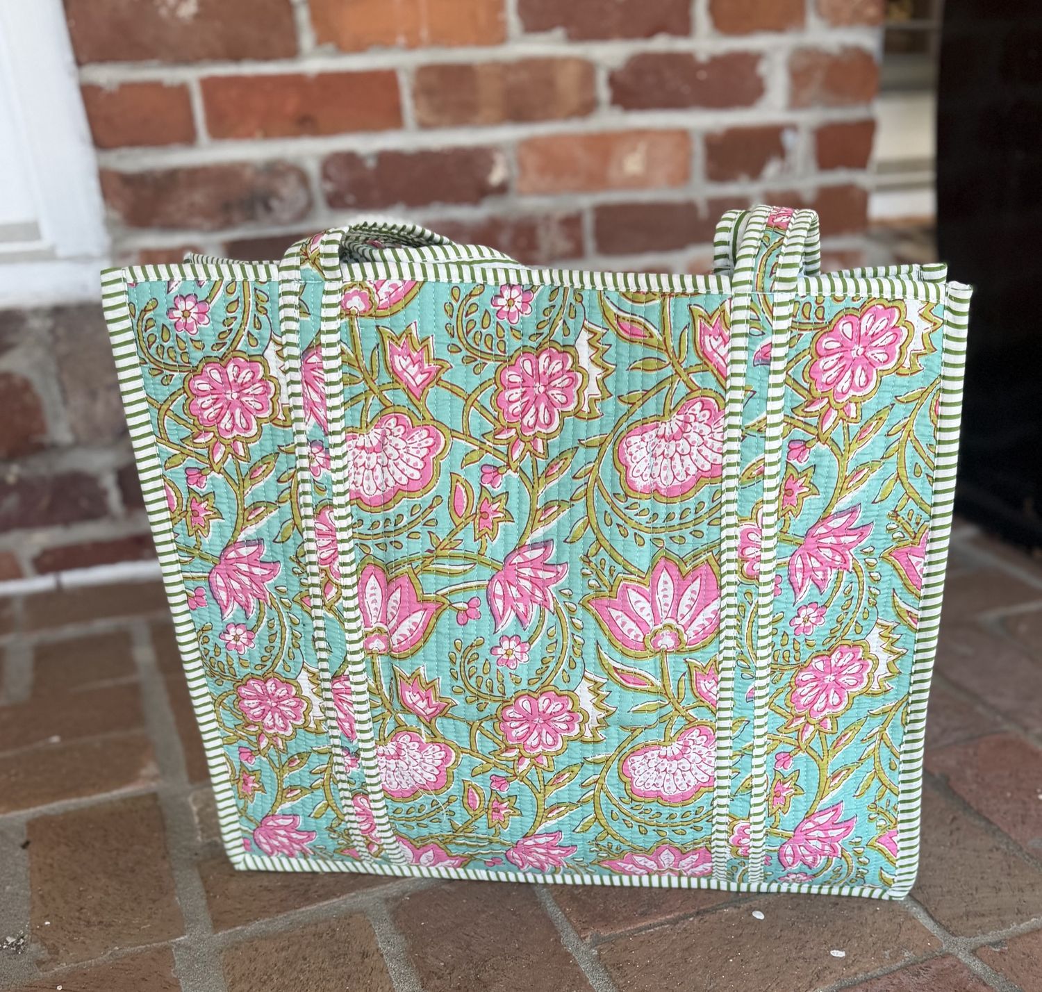 Mint Blossom Mint/Pink Quilted Tote